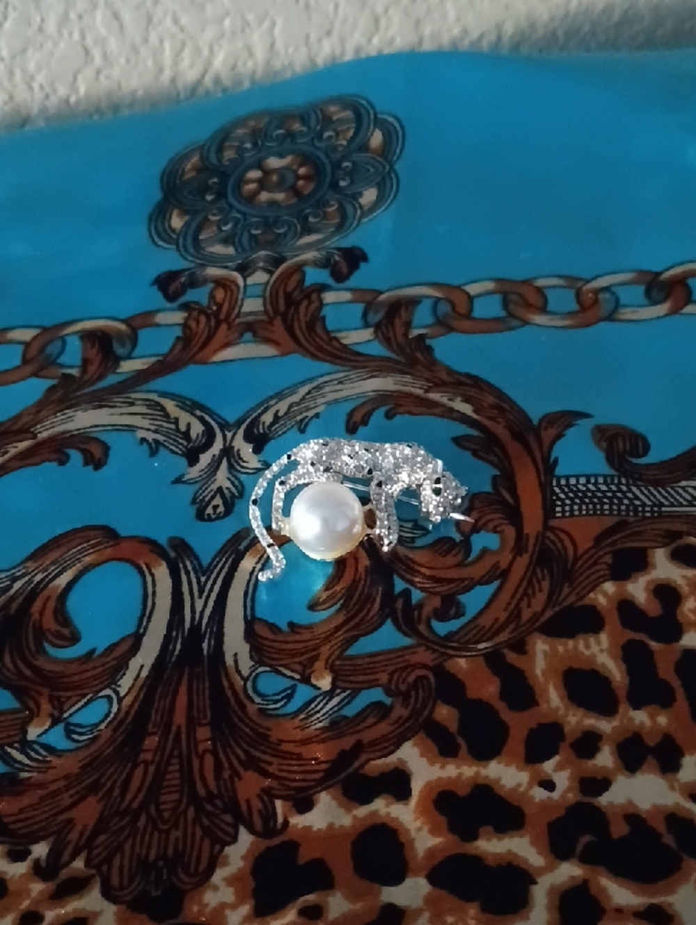 Silver Crystal Panther Brooch with Pearl Accent - Silver and White